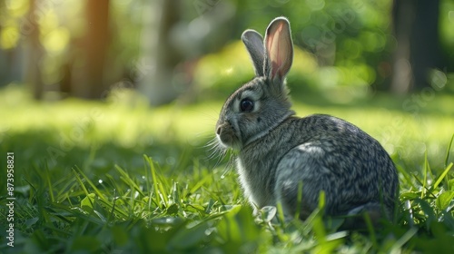 Resting gray bunny in a park photo