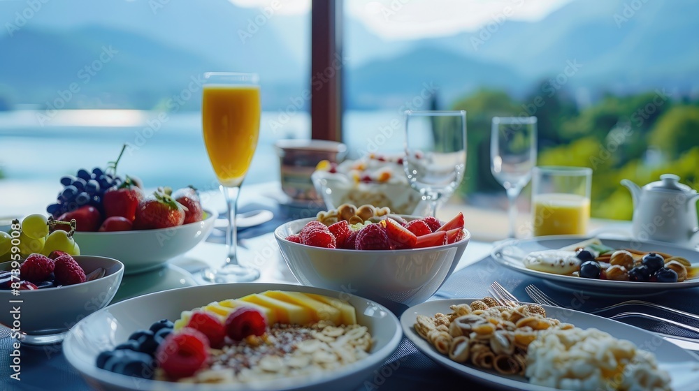 Scenic Breakfast Cereal and fruit served with a lake view Scenic Breakfast Cereal and fruit served with a lake view