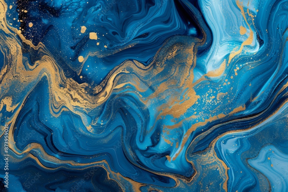 Hand-painted background with blue and gold liquid paint. Modern abstract art. Marbled blue abstract background. Liquid marble pattern. Hand-painted background with blue and gold liquid paint. Modern abstract art. Marbled blue abstract background. Liquid marble pattern.