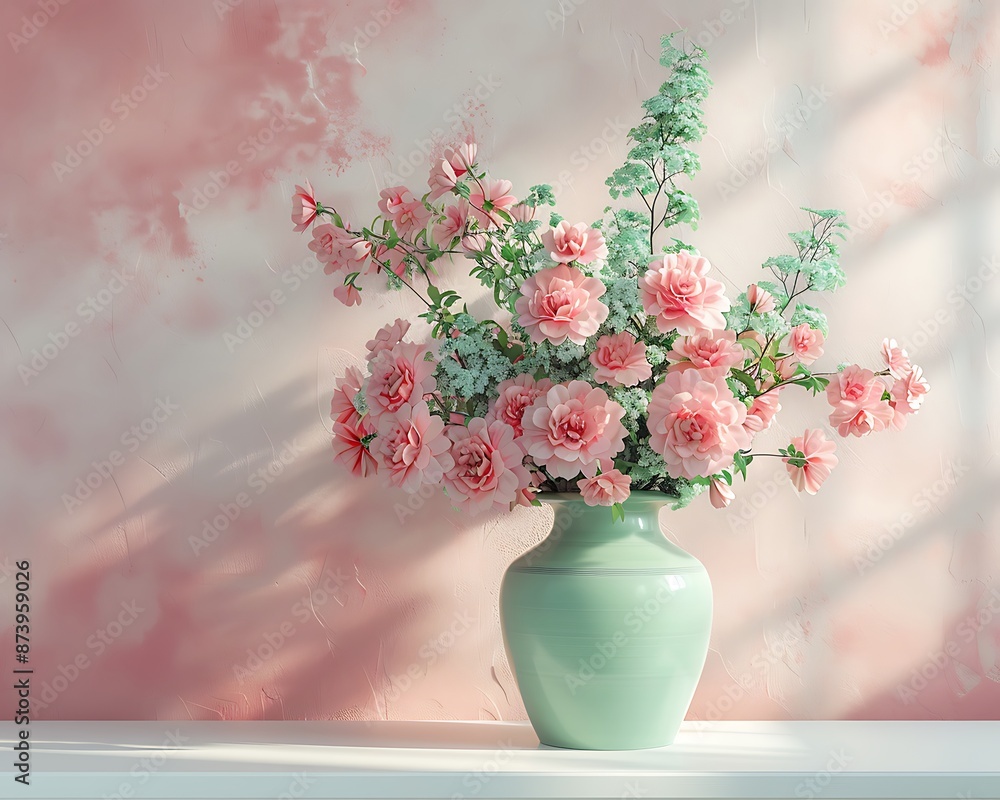 Impressionist style 3D scene pastel wall, pink and mint green vase of flowers on white table, soft colors. Impressionist style 3D scene pastel wall, pink and mint green vase of flowers on white table, soft colors.