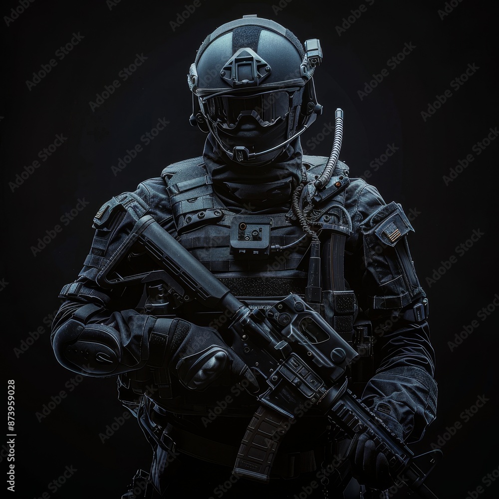 The portrait of a futuristic tactical armored soldier on a black background. The portrait of a futuristic tactical armored soldier on a black background.