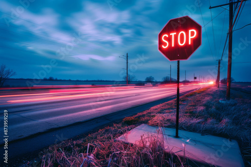 Neon stop sign, obeying by traffic regulations, lit during a dark night, indicating to all vehicles to stop and to yield to other cars