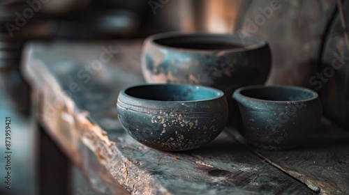 Rustic Ceramic Bowls on Wooden Table photo