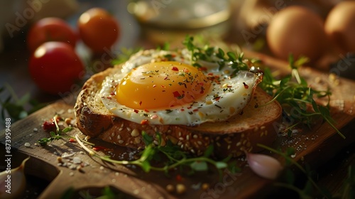  an egg-in-a-hole toast, centered with sharp detail and a beautiful setting.