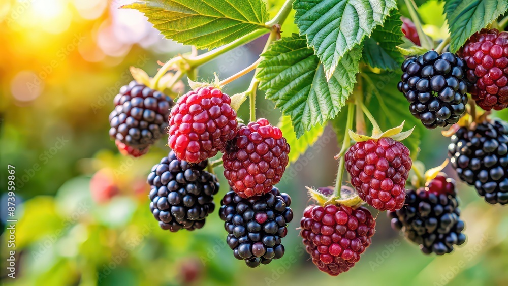 Close-up of ripe juicy blackberries on a branch , m?res, fruits rouges, healthy eating, organic, summer, fresh, antioxidant Close-up of ripe juicy blackberries on a branch , m?res, fruits rouges, healthy eating, organic, summer, fresh, antioxidant