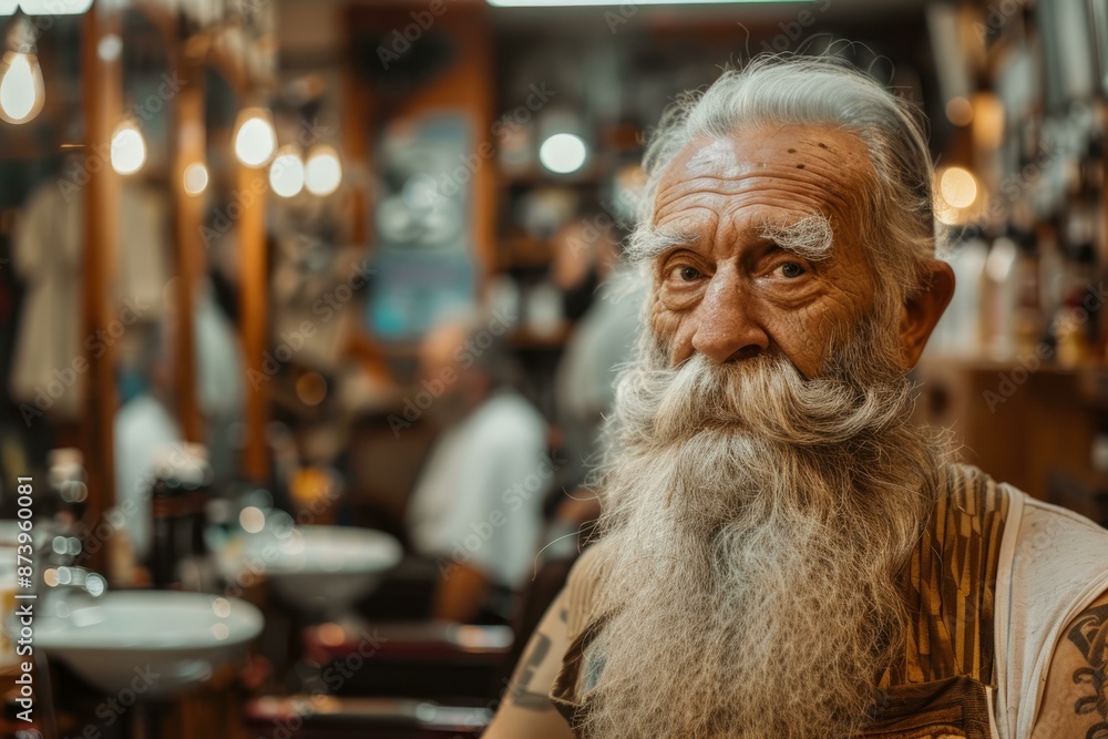 Elderly tattooed man with a white beard sitting in a vintage barbershop interior Elderly tattooed man with a white beard sitting in a vintage barbershop interior