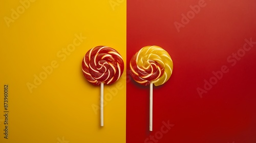 Candy lolypop on yellow and crimson background photo