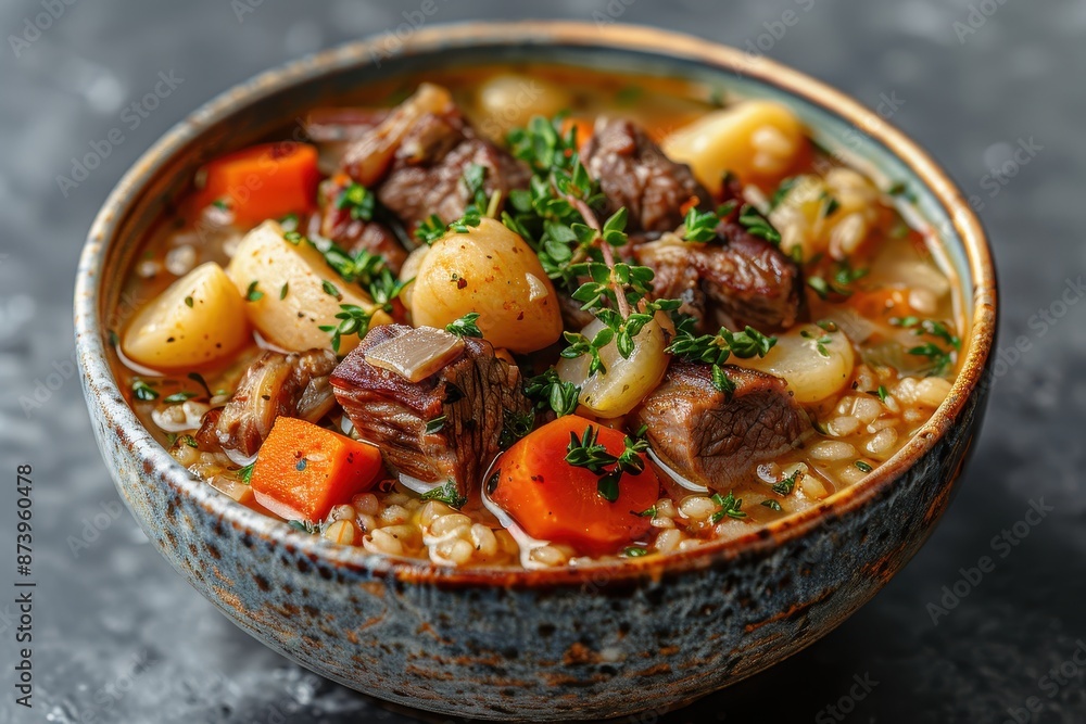 A bowl of Scotch broth, with barley, lamb, and vegetables, garnished with fresh thyme. A bowl of Scotch broth, with barley, lamb, and vegetables, garnished with fresh thyme.
