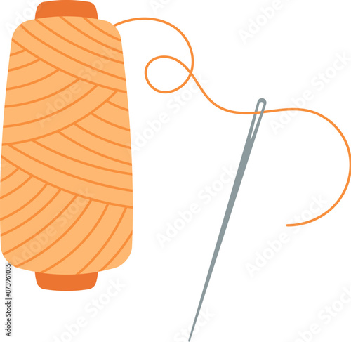 Sewing spool and needle logo, cartoon fashion accessories illustration, flat sewing decoration design, hand drawn tailor tool element, doodle dressmaking supplies object,