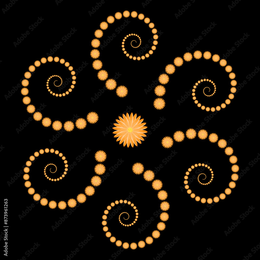 elegant flower made of spirals of orange flowers over black elegant flower made of spirals of orange flowers over black