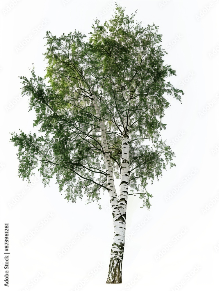 Una betulla su sfondo bianco, evidenziando la sua eleganza naturale e le foglie verdi. Una betulla su sfondo bianco, evidenziando la sua eleganza naturale e le foglie verdi.