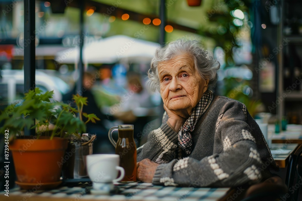 Portrait of a contemplative senior woman at a coffee shop with a cozy ambiance Portrait of a contemplative senior woman at a coffee shop with a cozy ambiance