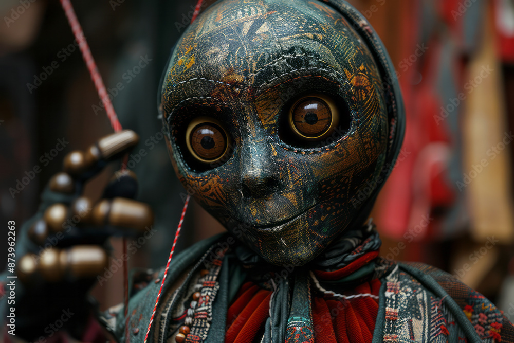 Detailed shot of a puppet with fluid, abstract lines representing the strings, controlled by an unseen figure, Detailed shot of a puppet with fluid, abstract lines representing the strings, controlled by an unseen figure,