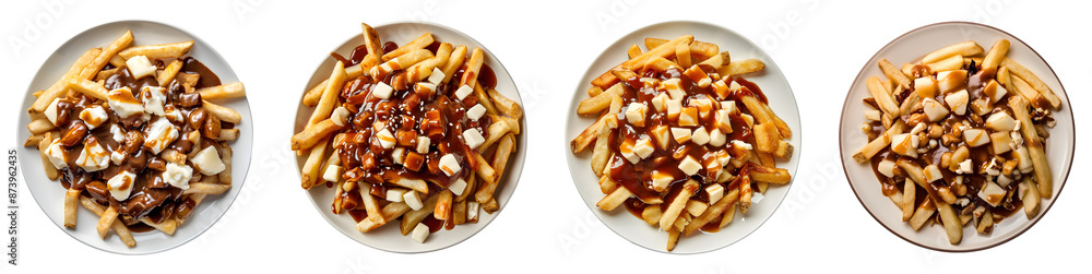 Poutine, top view, isolated, PNG set Poutine, top view, isolated, PNG set