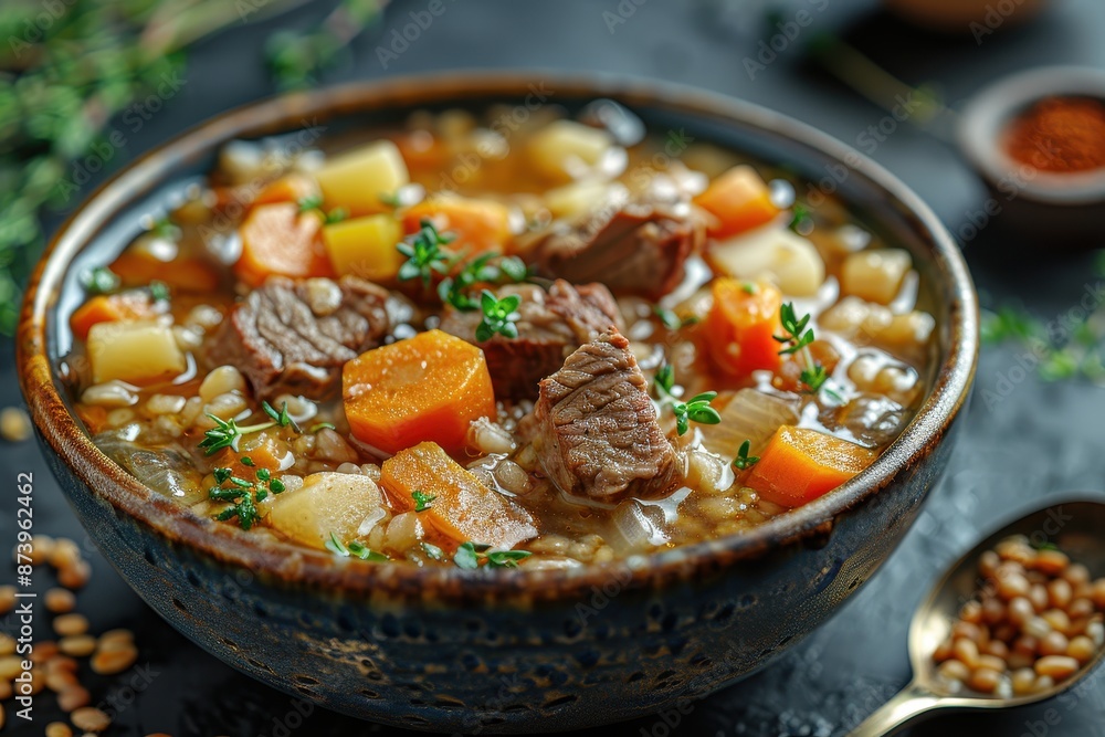 A bowl of Scotch broth, with barley, lamb, and vegetables, garnished with fresh thyme. A bowl of Scotch broth, with barley, lamb, and vegetables, garnished with fresh thyme.