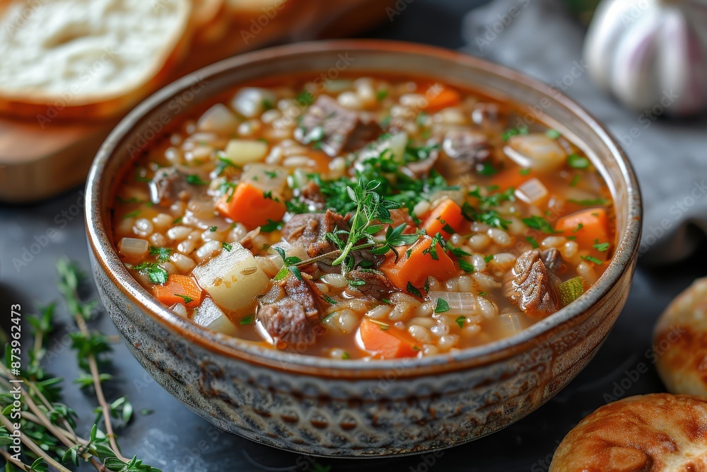 A bowl of Scotch broth, with barley, lamb, and vegetables, garnished with fresh thyme. A bowl of Scotch broth, with barley, lamb, and vegetables, garnished with fresh thyme.