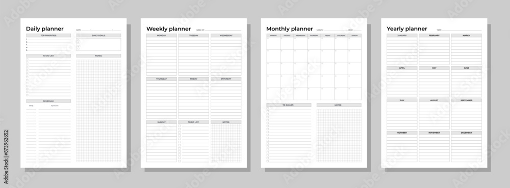 Planners set. Daily, weekly, monthly, yearly. Blank white notebook page A4. Planners set. Daily, weekly, monthly, yearly. Blank white notebook page A4.