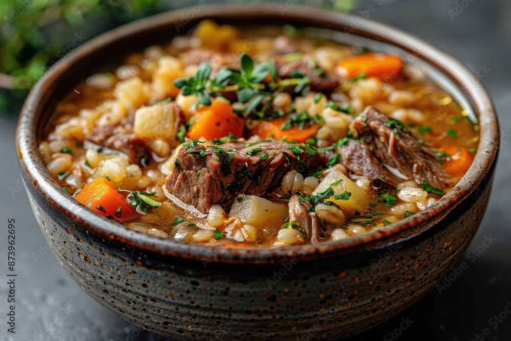 A bowl of Scotch broth, with barley, lamb, and vegetables, garnished with fresh thyme. A bowl of Scotch broth, with barley, lamb, and vegetables, garnished with fresh thyme.