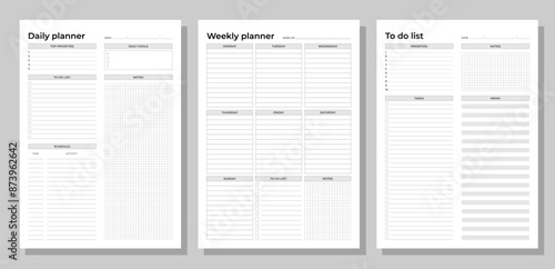 Planners set. Daily, weekly, to do list. Blank white notebook page A4.
