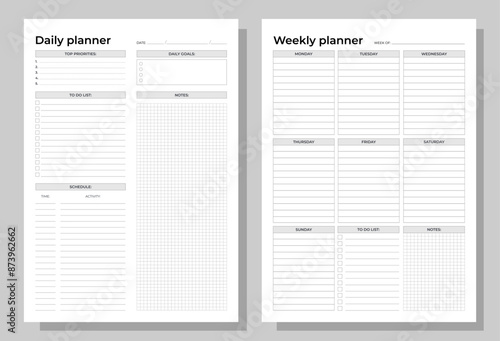 Planners set. Daily and weekly planners. Blank white notebook page A4.