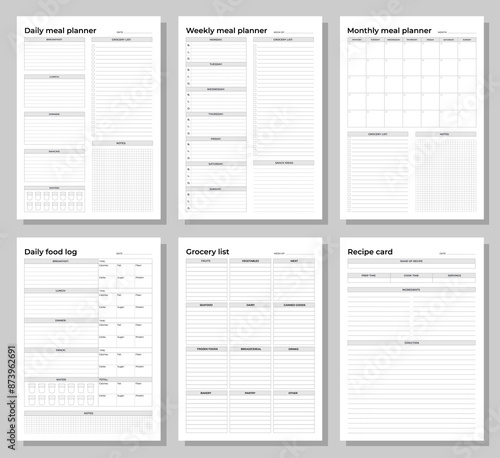 Meal planners set. Daily, weekly, monthly meal planners, daily food log, grocery list and recipe card. A4 printable templates.