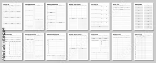 Fitness and meal planners set. Daily, weekly, monthly, workout tracker, fitness goals, weight tracker, daily food log, grocery list, recipe card.