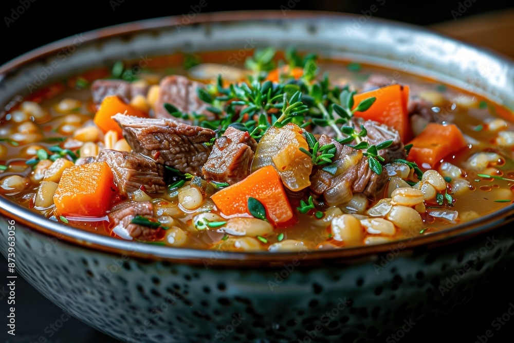 A bowl of Scotch broth, with barley, lamb, and vegetables, garnished with fresh thyme. A bowl of Scotch broth, with barley, lamb, and vegetables, garnished with fresh thyme.