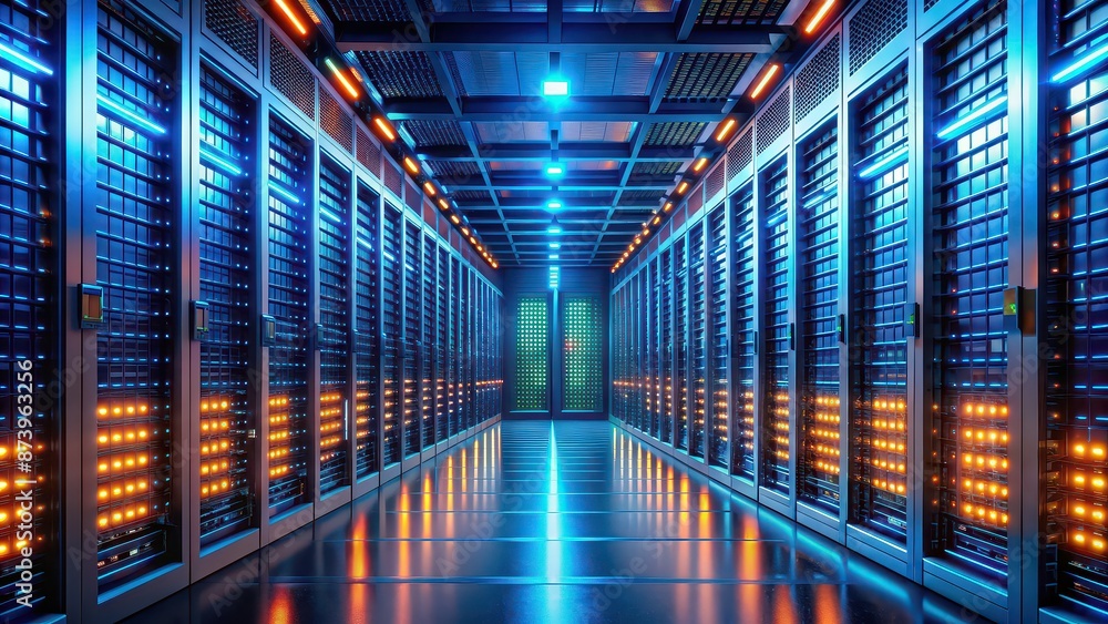 Abstract server room background with blue and orange lights, technology, server, room, abstract, background, blue, orange Abstract server room background with blue and orange lights, technology, server, room, abstract, background, blue, orange