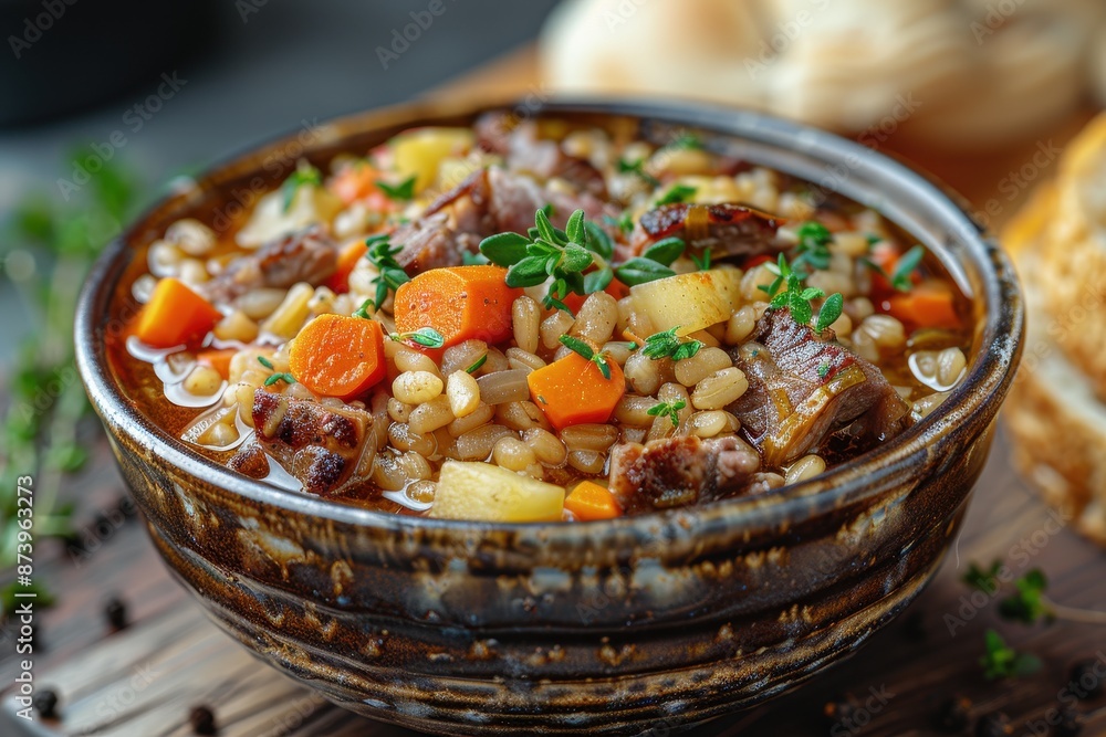 A bowl of Scotch broth, with barley, lamb, and vegetables, garnished with fresh thyme. A bowl of Scotch broth, with barley, lamb, and vegetables, garnished with fresh thyme.
