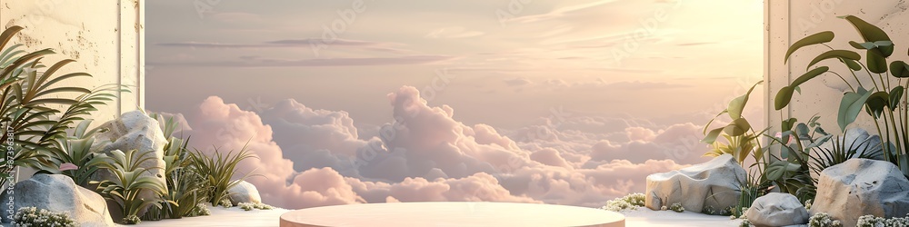 High-angle podium, light beige-pink clouds, rocks right, plants left, minimalist style, C4D, soft colors. High-angle podium, light beige-pink clouds, rocks right, plants left, minimalist style, C4D, soft colors.