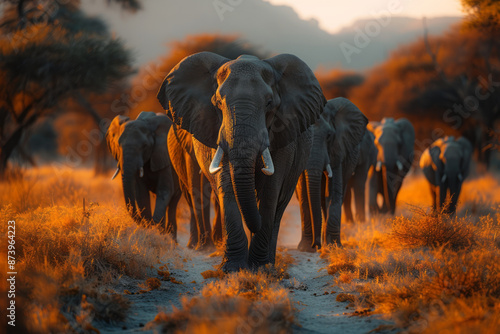 Close-up of elephants walking in a line, symbolizing unity, happiness, and harmonious living,