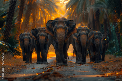 Close-up of elephants walking in a line, symbolizing unity, happiness, and harmonious living,