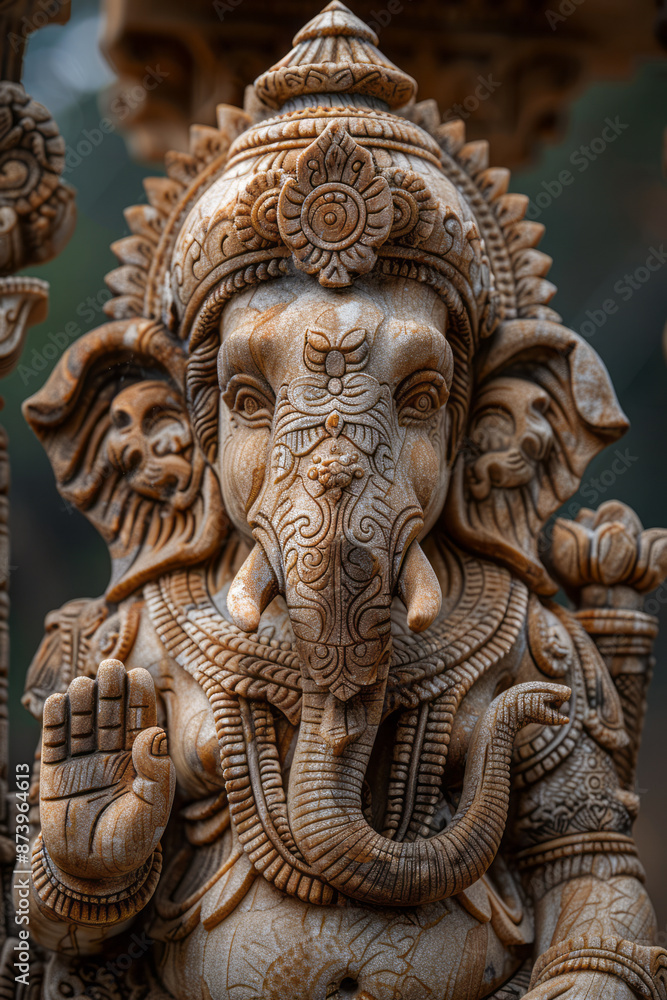 Close-up of an elephant statue with intricate carvings, symbolizing happiness and good fortune, Close-up of an elephant statue with intricate carvings, symbolizing happiness and good fortune,