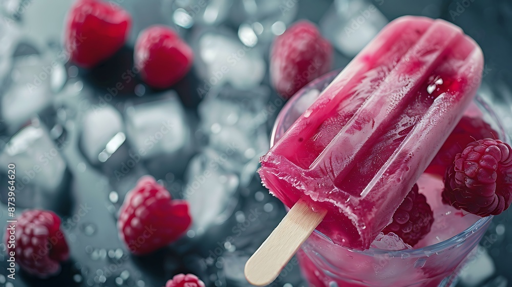 Close up on popsicle with raspberry in the drinking glass on the gray background Close up on popsicle with raspberry in the drinking glass on the gray background