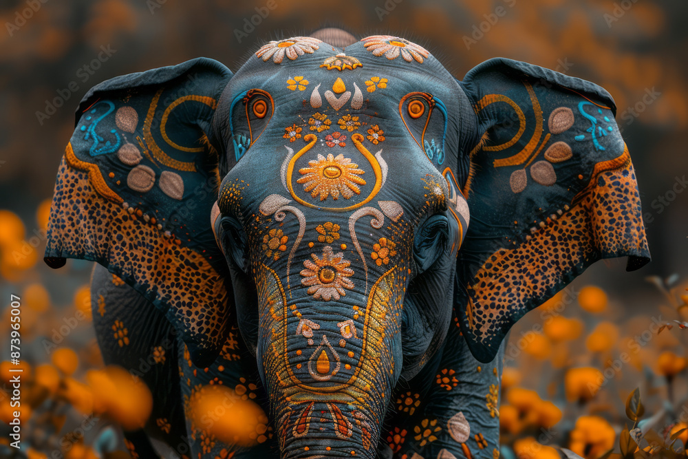 Close-up of a majestic elephant adorned with intricate, colorful patterns, symbolizing happiness and prosperity, Close-up of a majestic elephant adorned with intricate, colorful patterns, symbolizing happiness and prosperity,