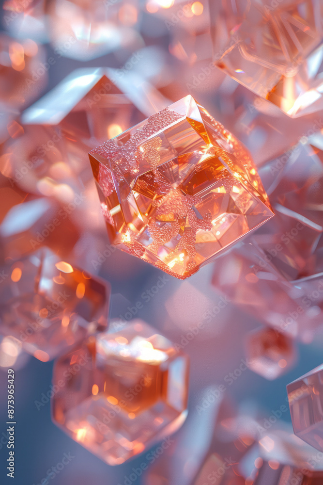 Macro shot of a series of 3D rose gold tetrahedrons and hexagons floating, with a brilliant metallic finish against a white background, Macro shot of a series of 3D rose gold tetrahedrons and hexagons floating, with a brilliant metallic finish against a white background,