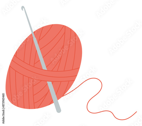 Crochet wool ball and needle badge, flat crochet craft decoration object, hand drawn dressmaking supplies illustration, cartoon fashion tool design, vector knitting accessories element,