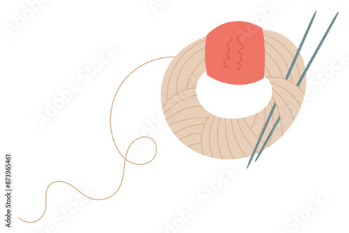 Knit wool ball and needle sticker, doodle tailor accessories element, flat crochet supplies object, cartoon knitting decoration illustration, hand drawn dressmaking tool design,