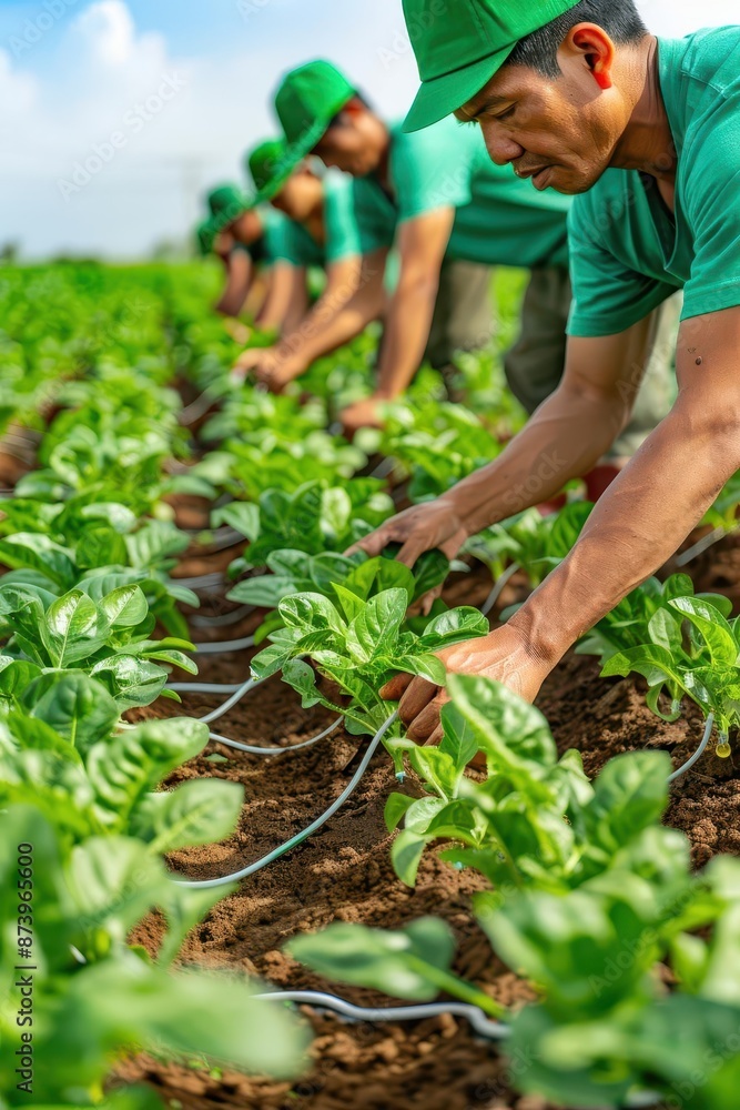 A group of farmers working in a field, harvesting crops