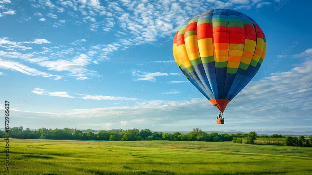 Fototapeta premium Colourful hot air balloon flying over green field