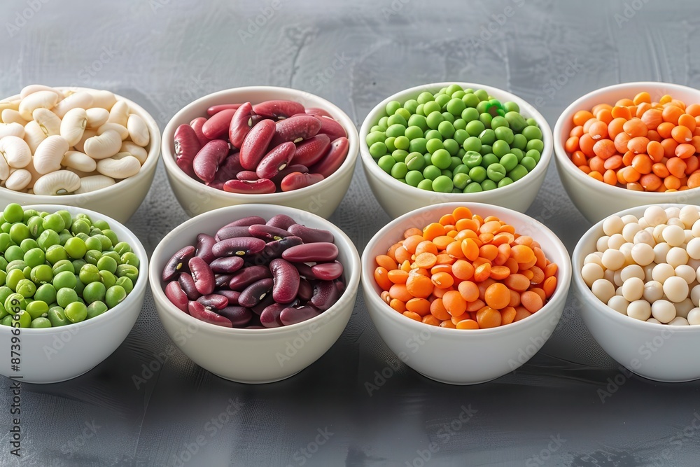 An assortment of dried beans and peas in white bowls on a grey background. A healthy and nutritious food choice. An assortment of dried beans and peas in white bowls on a grey background. A healthy and nutritious food choice.