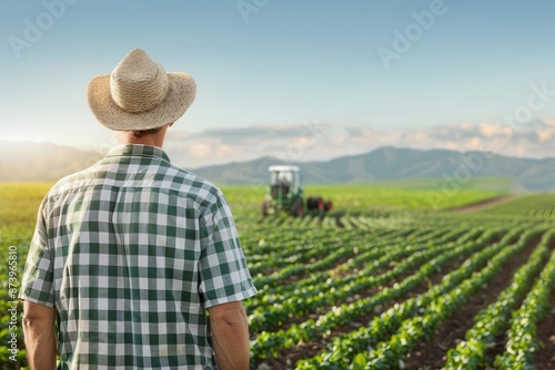 Farmer standing in a lush green field, monitoring crop growth with a tractor in the background, under a clear blue sky. © ItziesDesign