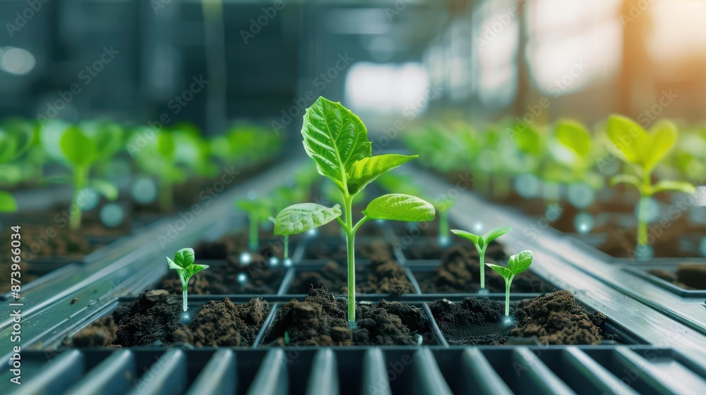 Young green seedlings growing in plastic pots in a greenhouse with sunlight shining through. Concept of new life and nature background. Young green seedlings growing in plastic pots in a greenhouse with sunlight shining through. Concept of new life and nature background.