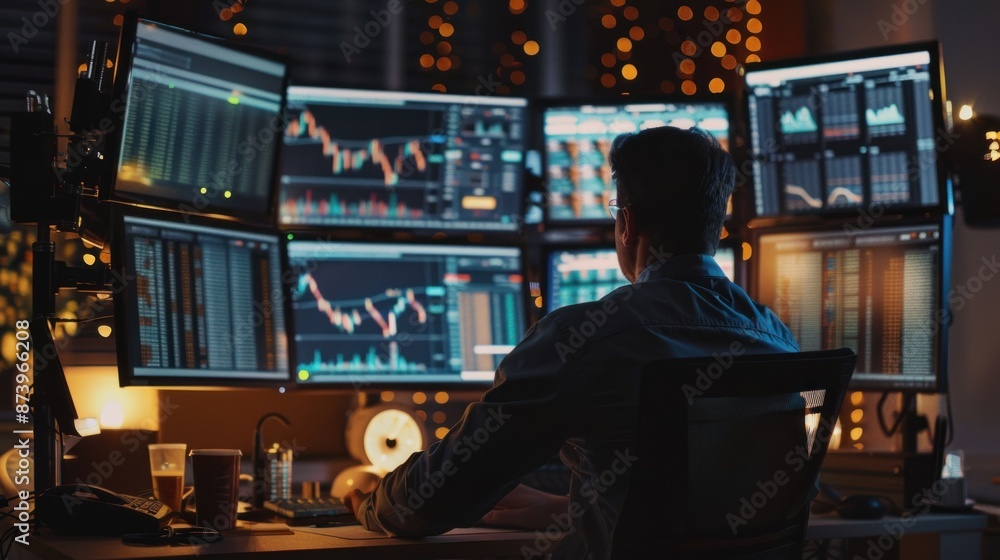 Stock Trader Analyzing Data on Multiple Monitors Stock Trader Analyzing Data on Multiple Monitors