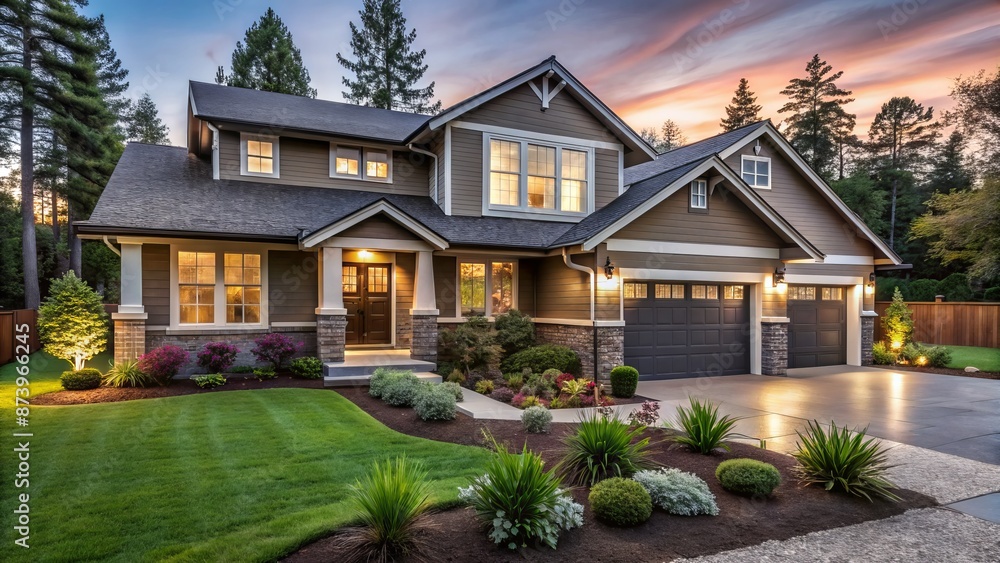 Modern sleek craftsman house with attached garage features manicured lawn, blooming flowers, and subtle outdoor lighting illumination at dusk. Modern sleek craftsman house with attached garage features manicured lawn, blooming flowers, and subtle outdoor lighting illumination at dusk.