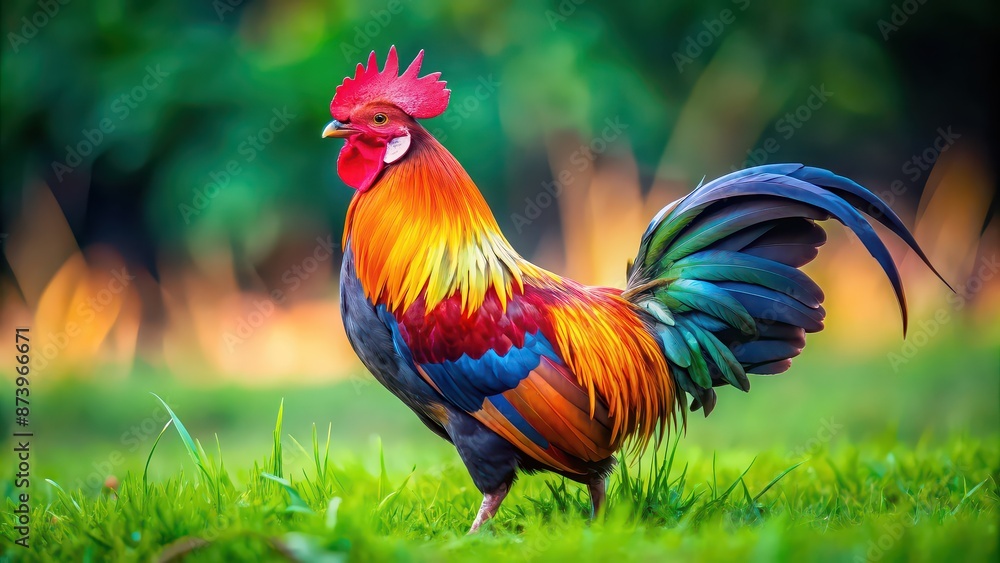 Fototapeta premium Colorful motley bird rooster in profile standing on green grass, Colorful, domestic, rooster, bird, single, profile, breeding