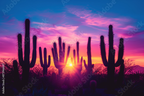 Cacti silhouetted against a vibrant sunset