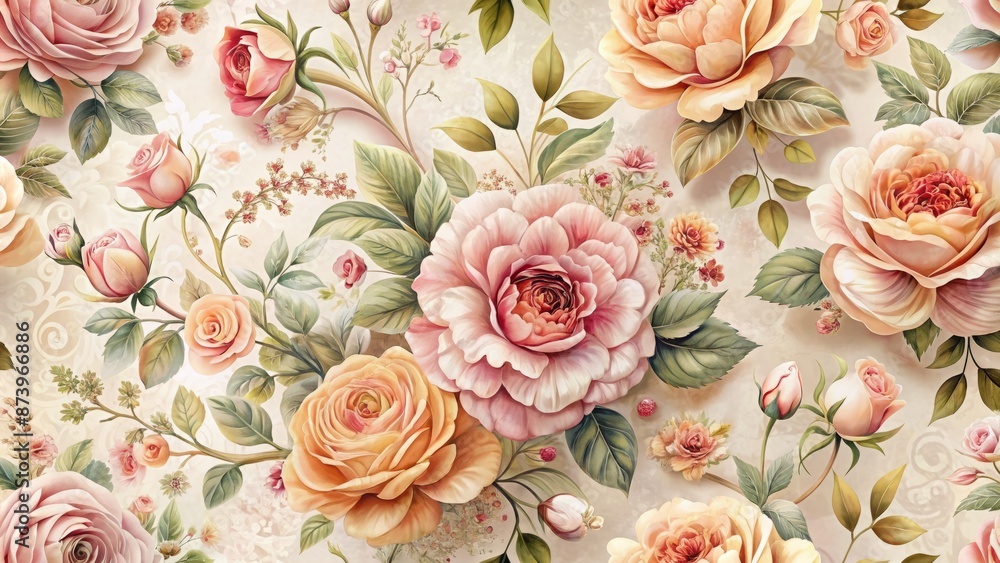 Delicate, intricate, and ornate floral motifs adorn a soft, creamy background with lush, velvety roses in shades of pink and peach. Delicate, intricate, and ornate floral motifs adorn a soft, creamy background with lush, velvety roses in shades of pink and peach.