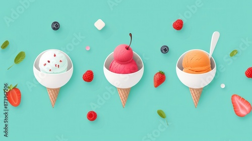 Three ice cream cones with various berries and fruits scattered on a light blue background, capturing a fresh and colorful summer vibe. photo