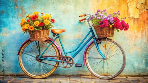 Fototapeta Naklejka Na Ścianę i Meble -  Colorful drawing of a bicycle with flowers in baskets, bicycle, flowers, cute, colorful, drawing, floral, basket, transportation